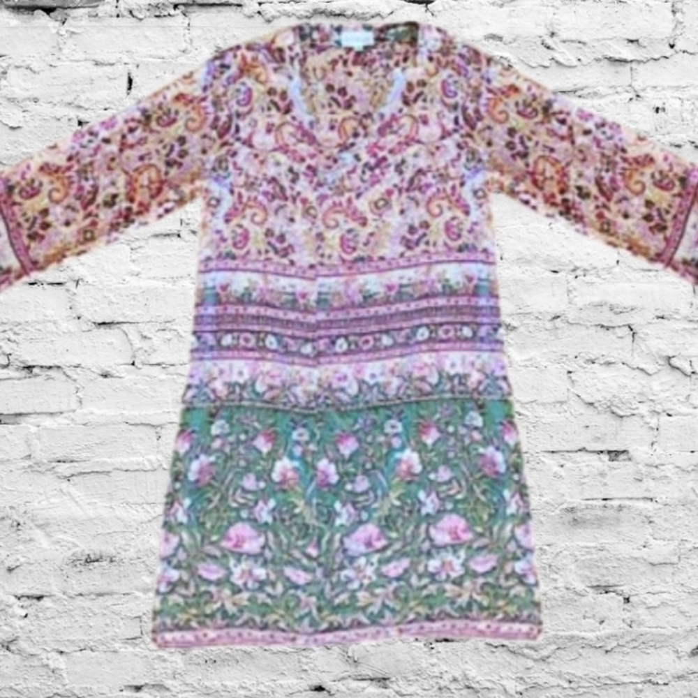 Vintage 100% Silk Floral Tunic M Pink Green Femme Fairycore
